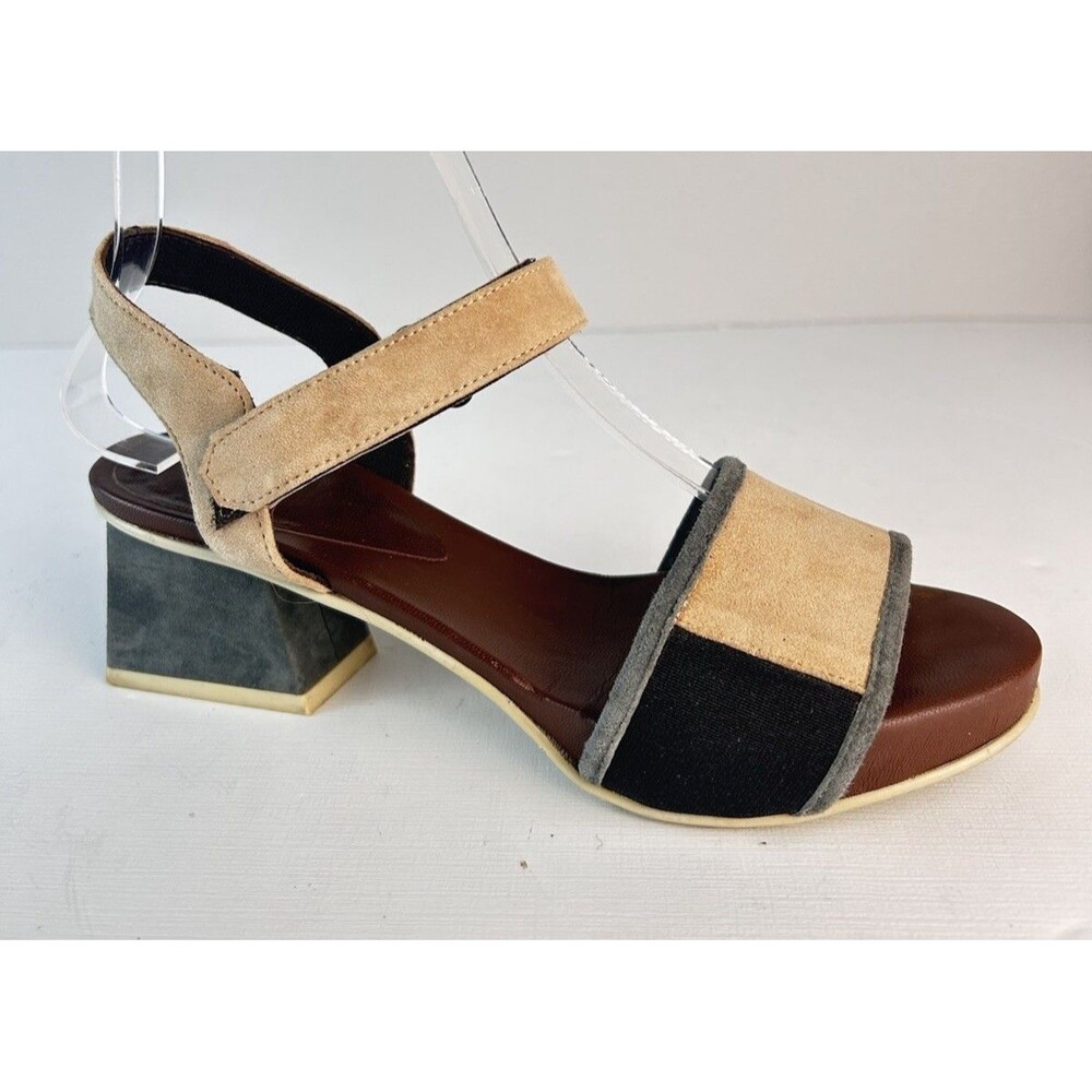 AUDLEY London Suede Beige Black Gray Block Heel Platform Sandal EU36 US 5.5